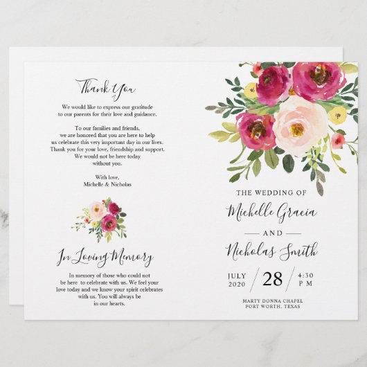 Blush Pink Florals, Foldable Wedding Program Kaart (Voorkant / Achterkant)