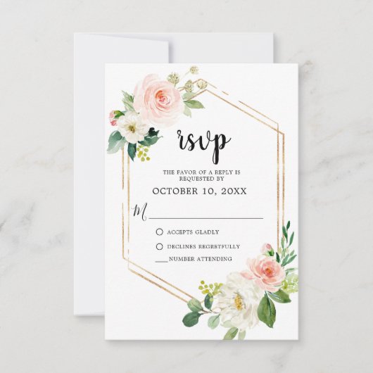 Blush Pink Florals Modern Geometrisch Goud Lijst RSVP Kaartje (Voorkant)