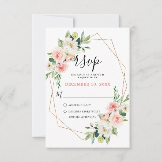 Blush Pink Florals Modern Geometrisch Goud Lijst RSVP Kaartje (Voorkant)
