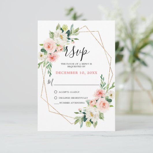 Blush Pink Florals Modern Geometrisch Goud Lijst RSVP Kaartje (Staand voorkant)