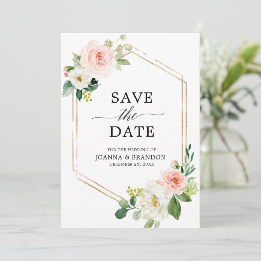 Blush Pink Florals Modern Geometrisch Goud Lijst Save The Date (Staand voorkant)
