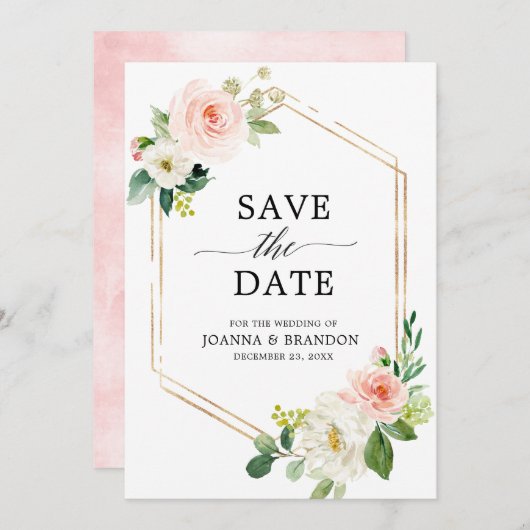 Blush Pink Florals Modern Geometrisch Goud Lijst Save The Date (Voorkant / Achterkant)