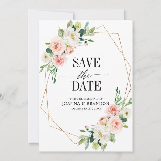 Blush Pink Florals Modern Geometrisch Goud Lijst Save The Date (Voorkant)