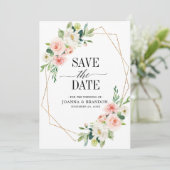 Blush Pink Florals Modern Geometrisch Goud Lijst Save The Date (Staand voorkant)