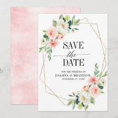 Blush Pink Florals Modern Geometrisch Goud Lijst Save The Date (Voorkant / Achterkant)