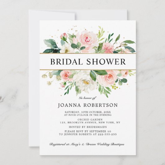 Blush Pink Florals Modern Gold Vrijgezellenfeest Kaart (Voorkant)
