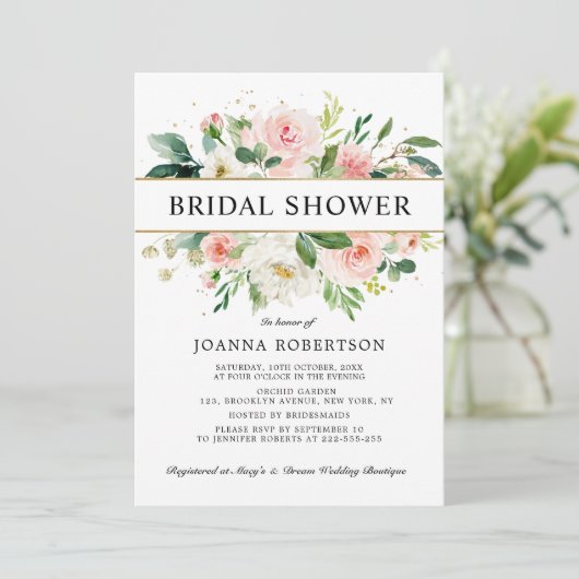Blush Pink Florals Modern Gold Vrijgezellenfeest Kaart (Staand voorkant)
