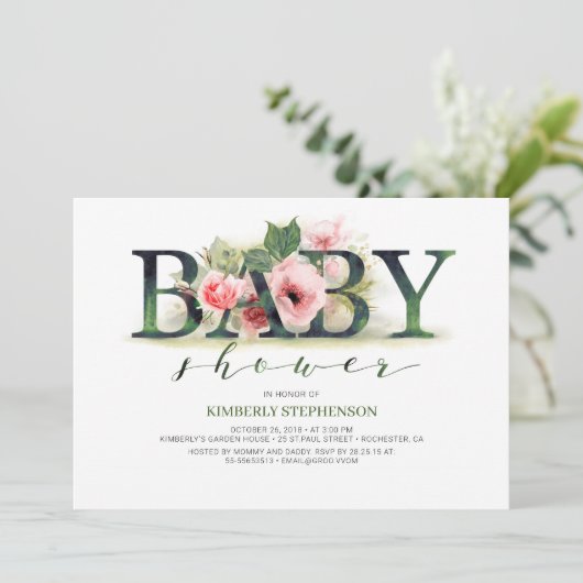 Blush Pink Florals Typografie Baby shower Kaart (Staand voorkant)