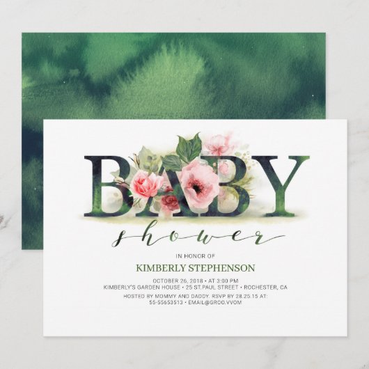 Blush Pink Florals Typografie Baby shower Kaart (Voorkant / Achterkant)