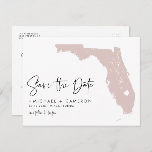 Blush Pink Florida Map Modern Script Save the Date Aankondigingskaart (Voorkant / Achterkant)