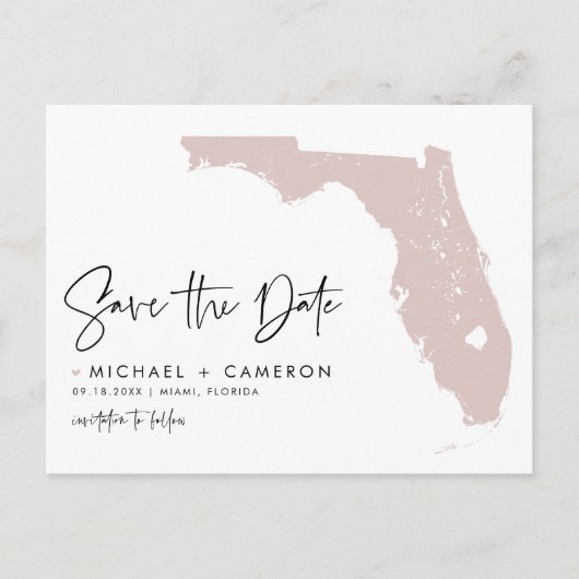Blush Pink Florida Map Modern Script Save the Date Aankondigingskaart (Voorkant)