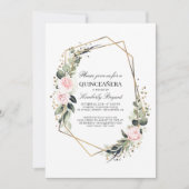 Blush Pink Flower en Gold Confetti Quinceanera Kaart (Voorkant)