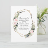 Blush Pink Flower en Gold Confetti Quinceanera Kaart (Staand voorkant)