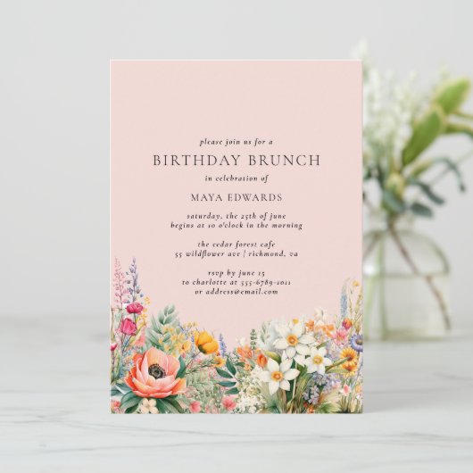 Blush Pink Flower Garden | Girly Birthday Brunch Kaart (Staand voorkant)