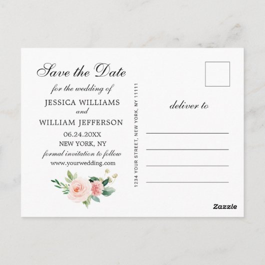 Blush Pink Flowers 3 PHOTO Weddenschap Save the Da Briefkaart (Achterkant)