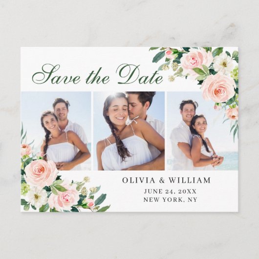 Blush Pink Flowers 3 PHOTO Weddenschap Save the Da Briefkaart (Voorkant)