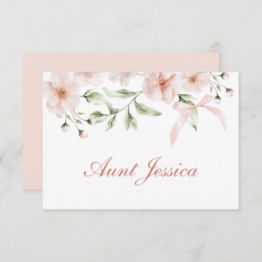 Blush Pink Flowers and Bow Flat Place Card (Voorkant / Achterkant)