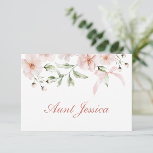 Blush Pink Flowers and Bow Flat Place Card (Staand voorkant)
