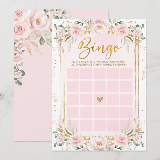 Blush Pink Flowers Bingo Baby shower Game Kaart (Voorkant / Achterkant)