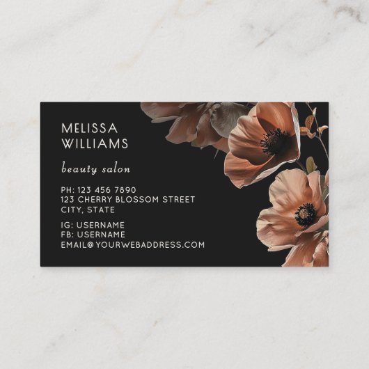 Blush Pink Flowers Black Visitekaartje (Achterkant)
