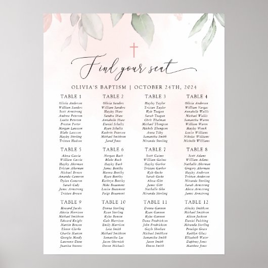 Blush Pink Flowers, Boho, Baptism Seating Chart Poster (Voorkant)