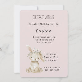 Blush Pink Flowers Bunny Birthday Kaart