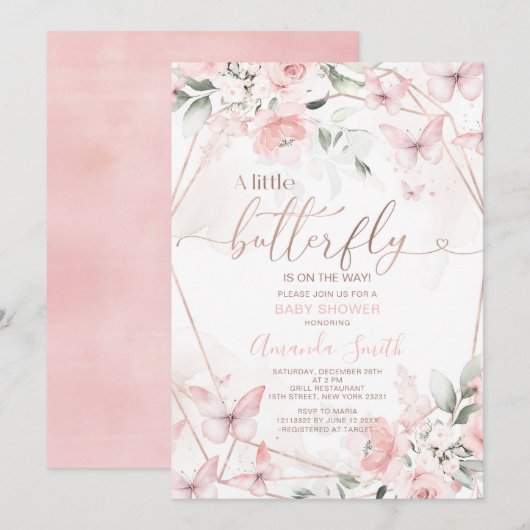 Blush Pink Flowers Een beetje vlinder Baby shower Kaart (Voorkant / Achterkant)