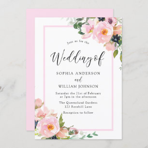 Blush Pink Flowers Elegant Border Spring Wedding Kaart