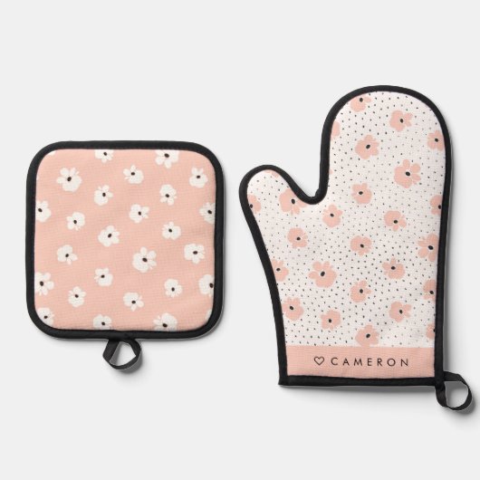 Blush Pink Flowers en Stippen Pattern Gepersonalis Ovenwant & Pannenlap Set (Voorkant)