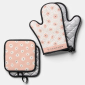 Blush Pink Flowers en Stippen Pattern Gepersonalis Ovenwant & Pannenlap Set (Voorkant / Achterkant)
