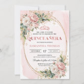 Blush Pink Flowers Eucalyptus Quinceañera Invite Kaart (Voorkant)