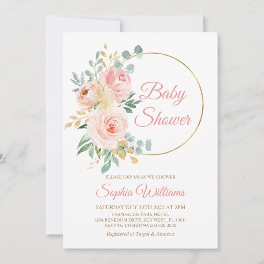 Blush Pink Flowers & Gold Baby shower Kaart (Voorkant)
