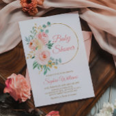 Blush Pink Flowers & Gold Baby shower Kaart
