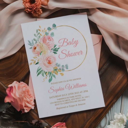 Blush Pink Flowers & Gold Baby shower Kaart