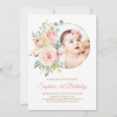 Blush Pink Flowers & Gold Baby's eerste verjaardag Kaart (Voorkant)