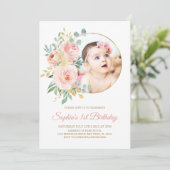 Blush Pink Flowers & Gold Baby's eerste verjaardag Kaart (Staand voorkant)