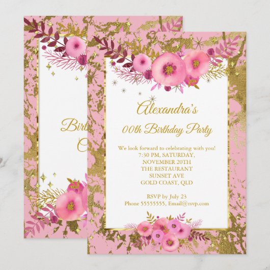 Blush Pink Flowers Gold Birthday Party Kaart (Voorkant / Achterkant)