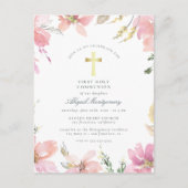 Blush Pink Flowers Gold Cross First Heilige Commun Uitnodiging Briefkaart (Voorkant)