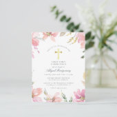 Blush Pink Flowers Gold Cross First Heilige Commun Uitnodiging Briefkaart (Staand voorkant)