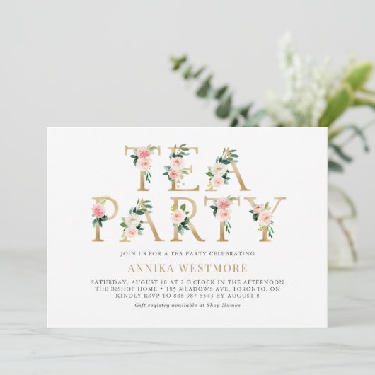 Blush Pink Flowers Gold Foil Spring Tea Party Kaart (Staand voorkant)