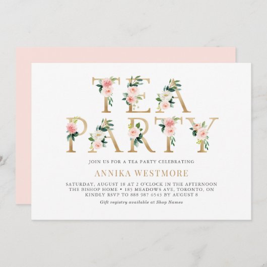 Blush Pink Flowers Gold Foil Spring Tea Party Kaart (Voorkant / Achterkant)