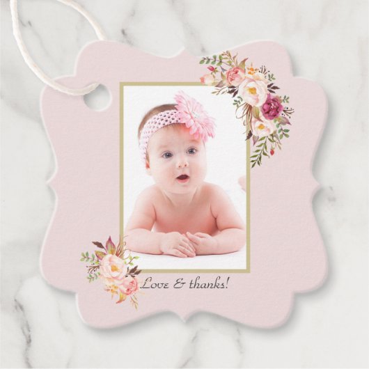 Blush Pink Flowers Gold Girl Photo Baptisme Bedankjes Labels (Voorkant)
