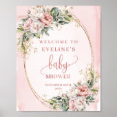 Blush Pink Flowers Gold Glitter Welcome Baby Sign Poster (Voorkant)