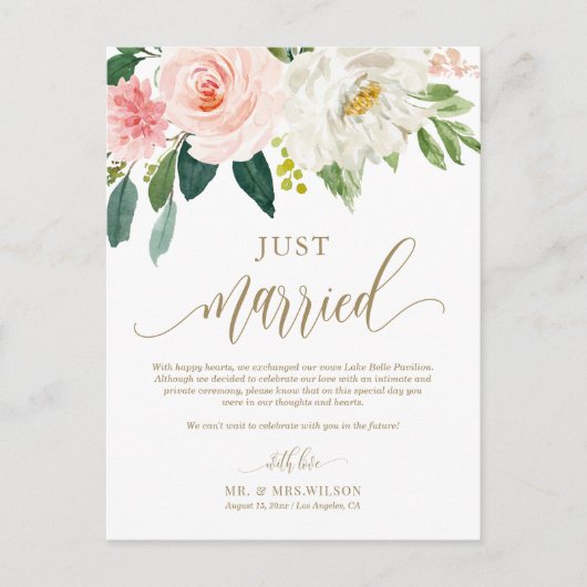 Blush Pink Flowers Gold Net getrouwd Foto bruiloft Briefkaart (Voorkant)