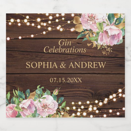 Blush Pink Flowers & Gold Wedding Wood Likeurfles Etiket (Enkel label)