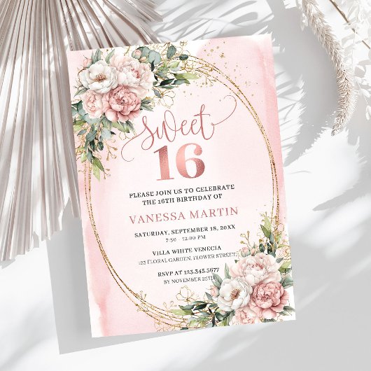 Blush Pink Flowers Greenery 16th Birthday Party  Kaart