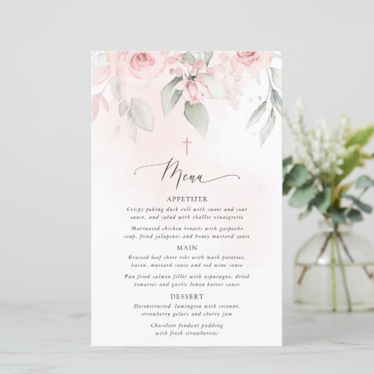Blush Pink Flowers, Greenery, Boho, Baptism Menu (Staand voorkant)