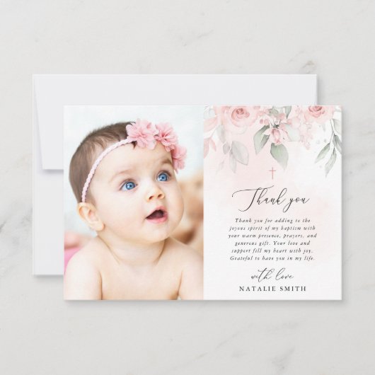 Blush Pink Flowers, Greenery, Boho, Floral Baptism Bedankkaart (Voorkant)