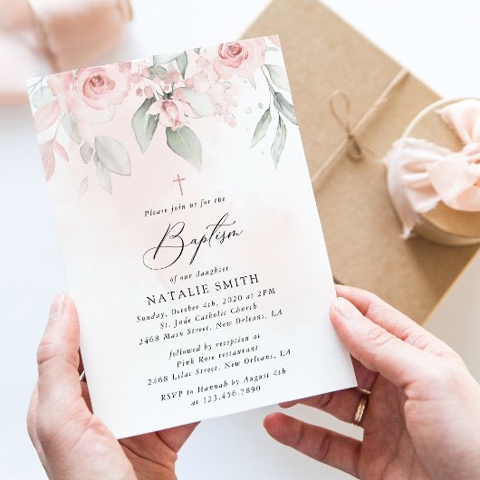 Blush Pink Flowers, Greenery, Boho, Floral Baptism Kaart