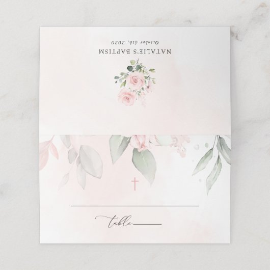 Blush Pink Flowers, Greenery, Boho, Floral Baptism Plaatskaartje (Buitenkant ongevouwen)